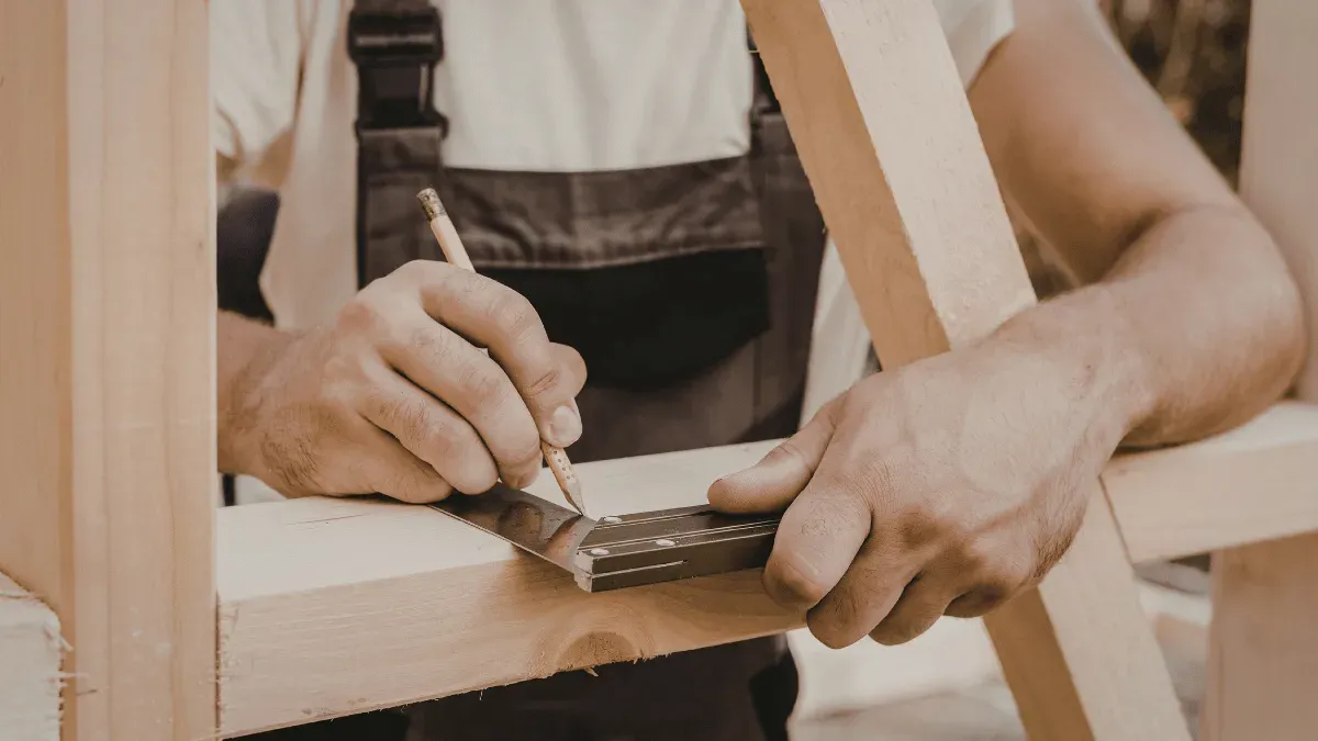 Mains d’un artisan traçant une coupe au crayon sur une pièce de bois