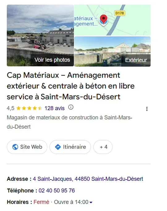 Fiche Google Business d’un artisan (Cap Matériaux) : photos, note 4,5 étoiles et 128 avis